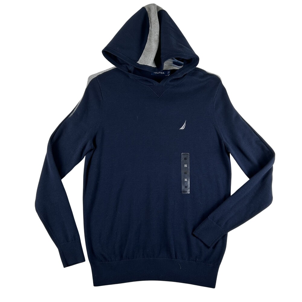 Nautica Sweater Mens XS Navy Cotton Hooded Knit Crewneck Stripe Pullover Logo